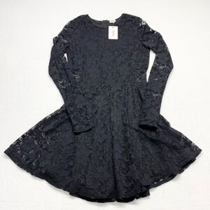 Garage Black Floral Lace Skater Dress Womens Size M Long Sleeve Exposed Zipper
